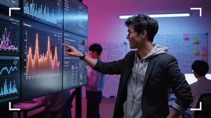 Pointing at data dashboard on monitor. Business team studies analytics chart and graph. Colleague watches presentation and discusses insight. Office workspace shows board with notes and computer. - Powered by Adobe