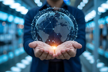 Man holds a digital globe with glowing connections in his hands representing global network technology and international business in a modern futuristic environment