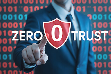 Businessman in a suit presents zero trust security with a digital shield and binary code background emphasizing cybersecurity and data protection for business and technology solutions