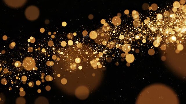 Abstract golden glitter particle trail with bokeh light effect on a dark black background for celebration