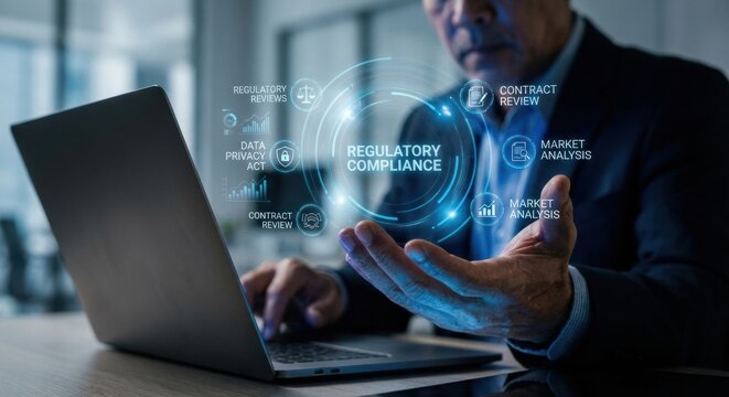 Regulatory compliance virtual interface with business icons held by a professional businessman working on a laptop in a modern office, showcasing data privacy and market analysis concepts