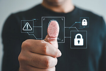 Fingerprint scanning technology displayed with digital interface showcasing security measures and biometric identification for access control and data protection in a modern tech environment