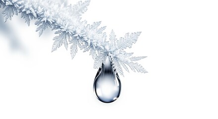 Ice-covered branch with a water droplet on white background  
