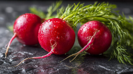 Fresh vibrant red radishes with green leafy tops resting on a dark textured surface with droplets of water highlighting their natural freshness and crispness