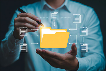 Man manages digital documents with a pen showcasing file management and data organization through a virtual folder system emphasizing efficiency and modern workflow solutions for business