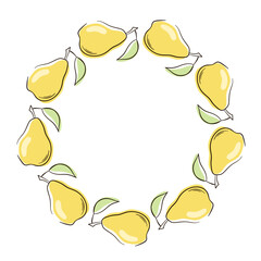 Yellow pear fruit wreath in flat style isolated on white background.