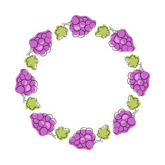 Wreath with bunch of wine grapes with leaf in flat style.