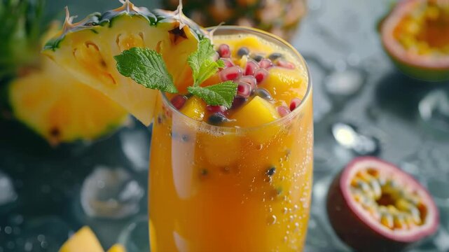 A refreshing drink with a slice of pineapple on top, adorned with berries and mint leaves.