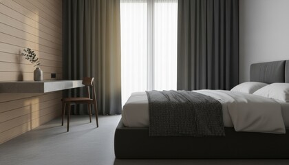 Elegant contemporary bedroom with a light wood panelled wall, a grey upholstered bed, and a floating console table illuminated by soft morning light from a large window