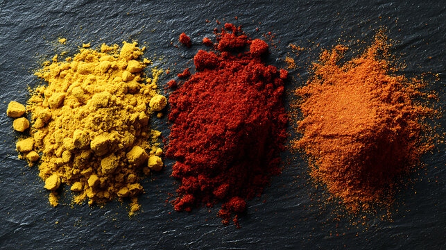 Three distinct piles of colorful ground spices including turmeric and chili powder arranged on a textured black slate background for culinary themes. - Powered by Adobe