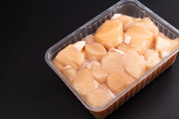 Fresh Scallops in Plastic Tray Top View
