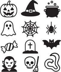 Halloween icons featuring a pumpkin witch hat ghost spiderweb candy tombstone bat vampire skull broom cauldron and snake in black and white on transparent background
