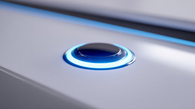 Modern high-tech circular button glowing with blue led light on sleek white surface, illustrating futuristic control panel design and advanced technology concept