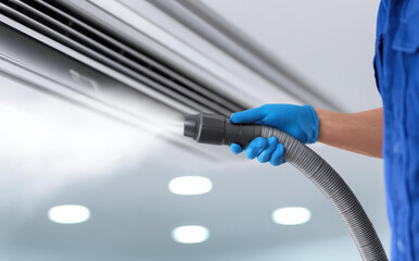 Professional male technician hands wearing blue gloves holding hose nozzle for cleaning air conditioner indoors with steam spray showing clean and fresh feeling during maintenance service work