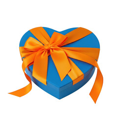 Blue heart shaped gift box with orange ribbon isolated on transparent background