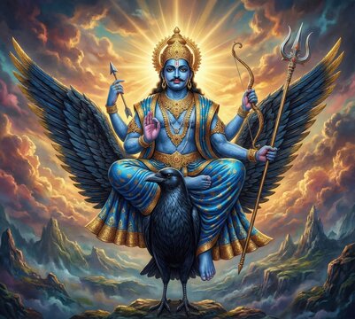 Blue deity with multiple arms rides black crow with large wings hinduism shani