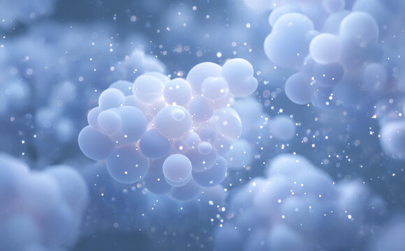 Abstract blue background with molecular structure of sphere shape and glowing particle floating around showing clean and calm emotion of microscopic world