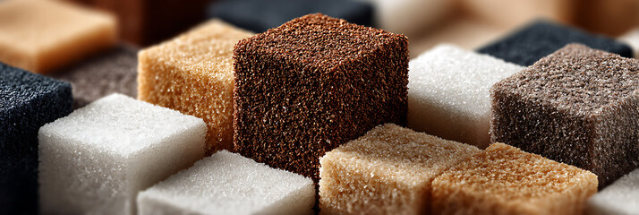 Assortment of white and brown sugar cubes arranged in a grid pattern showing textured surfaces and color variation for dietary concepts.