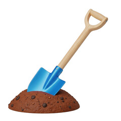 Blue shovel stuck in a pile of dirt isolated on transparent background