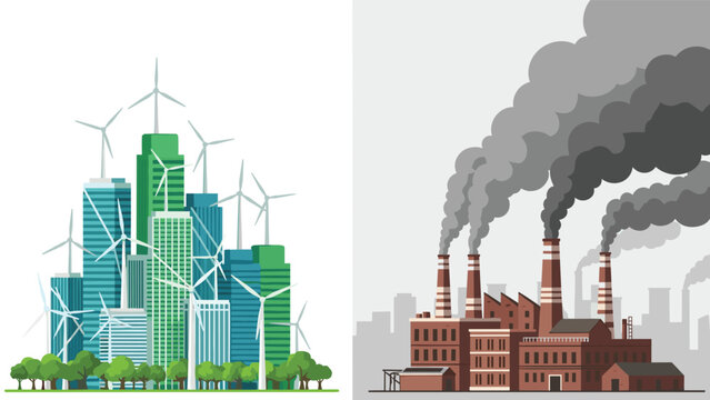 Sustainable city versus polluting factories showcasing clean energy solutions and environmental impact for eco conscious campaigns