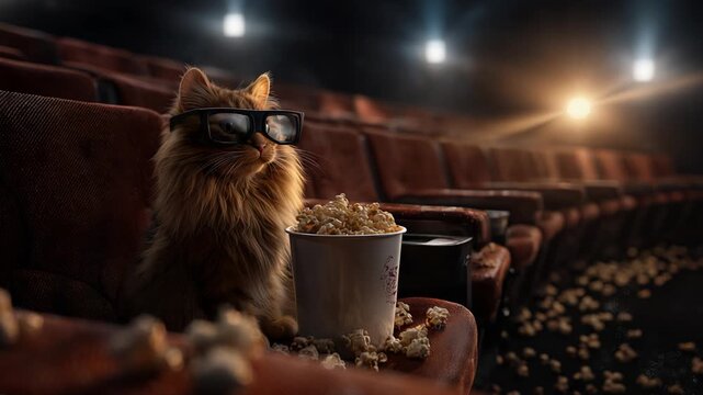 Playful cat surrounded by popcorn and theatrical spotlight effects