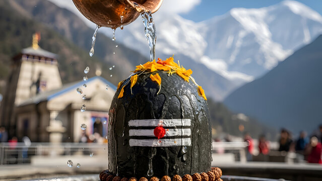 Shivling Sacred Worship at Kedarnath Mandir with Holy Water Offering in Himalayan Temple Environment Depiction for Mahashivratri Shravan Somvar Devotion Spiritual Faith Divine Blessing Hindu Culture 