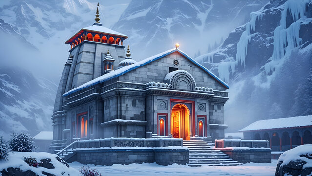 Kedarnath Mandir Divine Himalayan Temple Surrounded by Snow and Peaceful Winter Landscape Depiction for Pilgrimage Mahashivratri Shravan Somvar Devotion Spiritual Faith Sacred Culture Serenity Scenic 