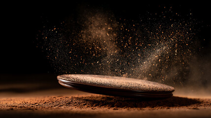 Chocolate cookie falling onto a surface of cocoa powder creating an explosion of dust particles against a black background in a studio setting.
