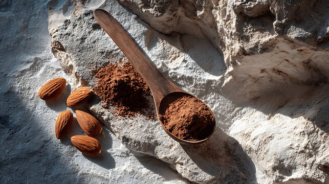 Wooden spoon filled with cocoa powder lying next to raw almonds on a rough textured white stone surface with dramatic lighting and shadows. - Powered by Adobe