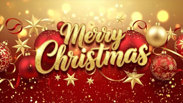 A festive video presents a beautiful composition of Christmas ornaments, gold stars, and ribbons against a warm background. This decoration suggests a time for joyous holiday celebrations
