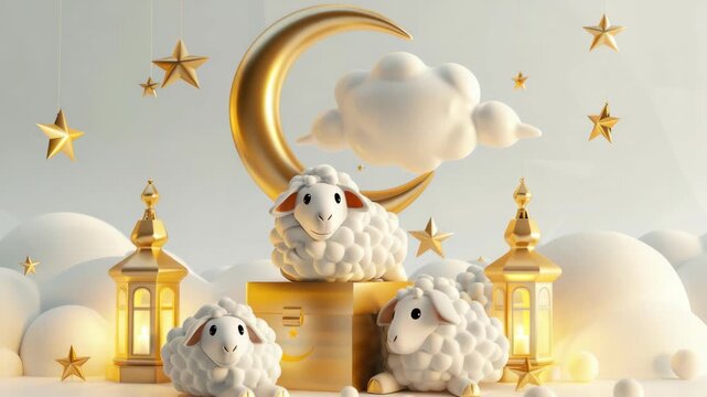 featuring three cute sheep on a golden podium with a crescent moon and stars in the background. A whimsical and dreamy atmosphere perfect for fantasy themes.
