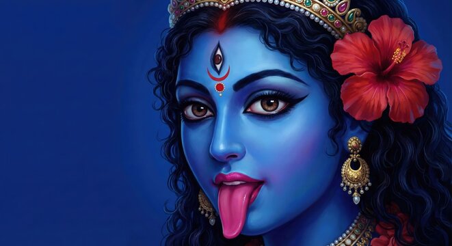 Blue goddess with third eye and red hibiscus flower blue skin red flower - Powered by Adobe