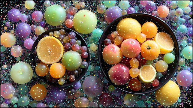 Two black bowls filled with various fruits, surrounded by a multitude of colorful spheres against a dark background, creating a cosmic and vibrant composition.