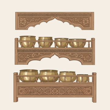 Ornate wooden shelving showcasing vintage metal pots, cultural heritage