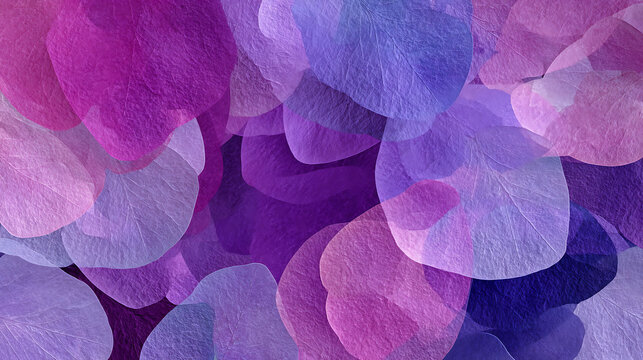 Abstract background composed of overlapping purple and lilac translucent petal shapes creating a soft floral texture and romantic atmosphere.