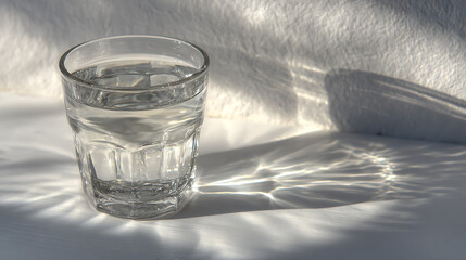 Clear glass of fresh water sitting on a white table casting beautiful caustic light patterns and...