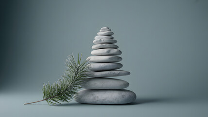 Obraz premium Stacked Zen Stones and Pine Branch on Serene Blue Background