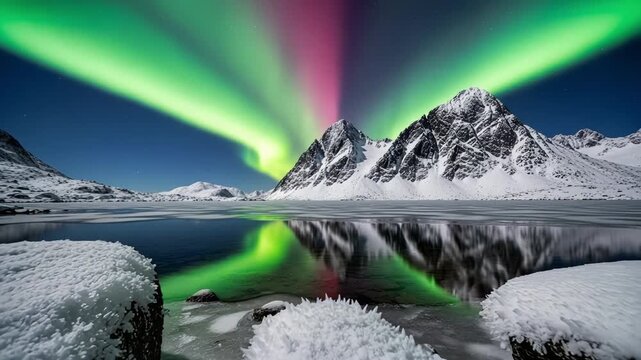Spectacular northern lights shimmer above chilly shoreline landscape