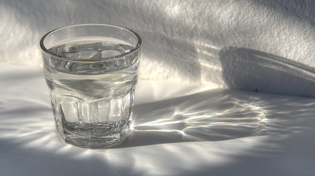 Clear glass of fresh water sitting on a white table casting beautiful caustic light patterns and shadows in bright sunlight.