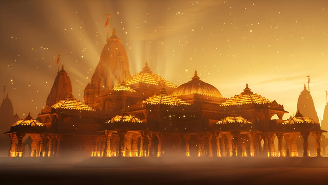 Ram Mandir Ayodhya Radiant Golden Temple Emerging Through Divine Light Surrounded by Sacred Glow Depicting Spiritual Devotion Hindu Faith Holy Heritage Sunrise Illumination Peaceful Pilgrimage 