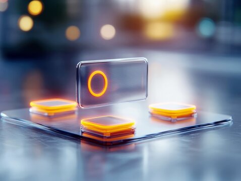 A futuristic digital interface with a glowing circular element and several glowing square elements, set against a blurred bokeh background.