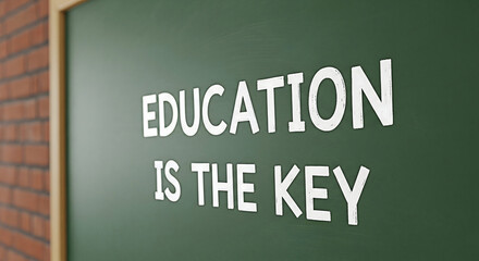 Education is the key message displayed on a green chalkboard with white lettering emphasizing the importance of learning and knowledge for success in school and life promoting educational values