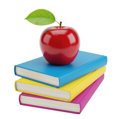 Stack of colorful books with a red apple on top isolated on transparent background