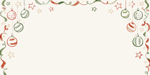 Festive holiday frame with ornaments stars and streamers on cream background