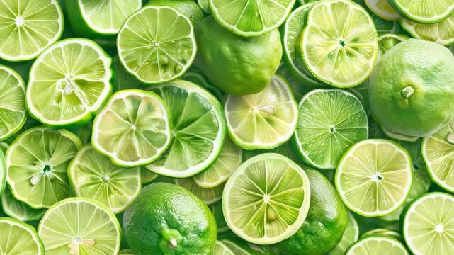Brightly colored lime and lemon slices with rind on, arranged in a neat pattern. High-resolution .