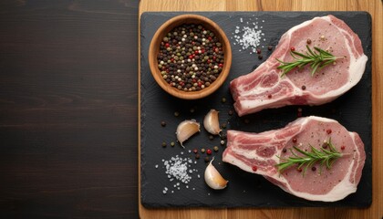 Two fresh raw pork loin chops seasoned with rosemary, salt, and mixed peppercorns are laid out on a black slate serving board with garlic cloves, viewed from above with copy space