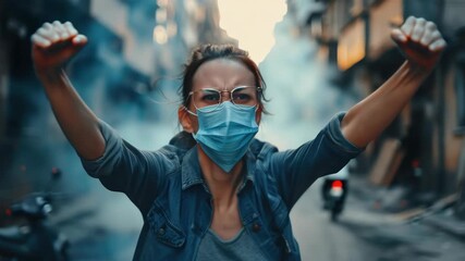 Individual wearing blue shirt and face mask waving arms near smoke on city street - Powered by Adobe