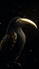Fototapeta premium Majestic black toucan with golden beak and feathers stands against dark, starry background, exuding elegance and mystery