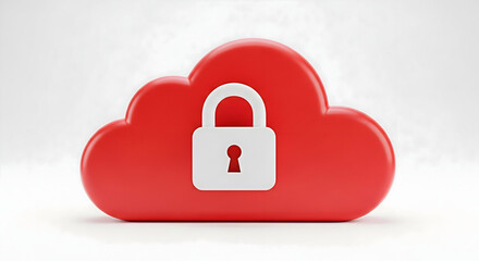 Red cloud with a white padlock representing secure cloud computing and data protection for online services and digital security solutions in a modern technology environment for business