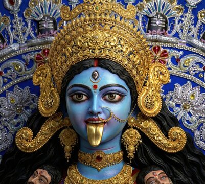 Blue skinned goddess Kali with gold crown and tongue out Hindu goddess gold jewelry - Powered by Adobe